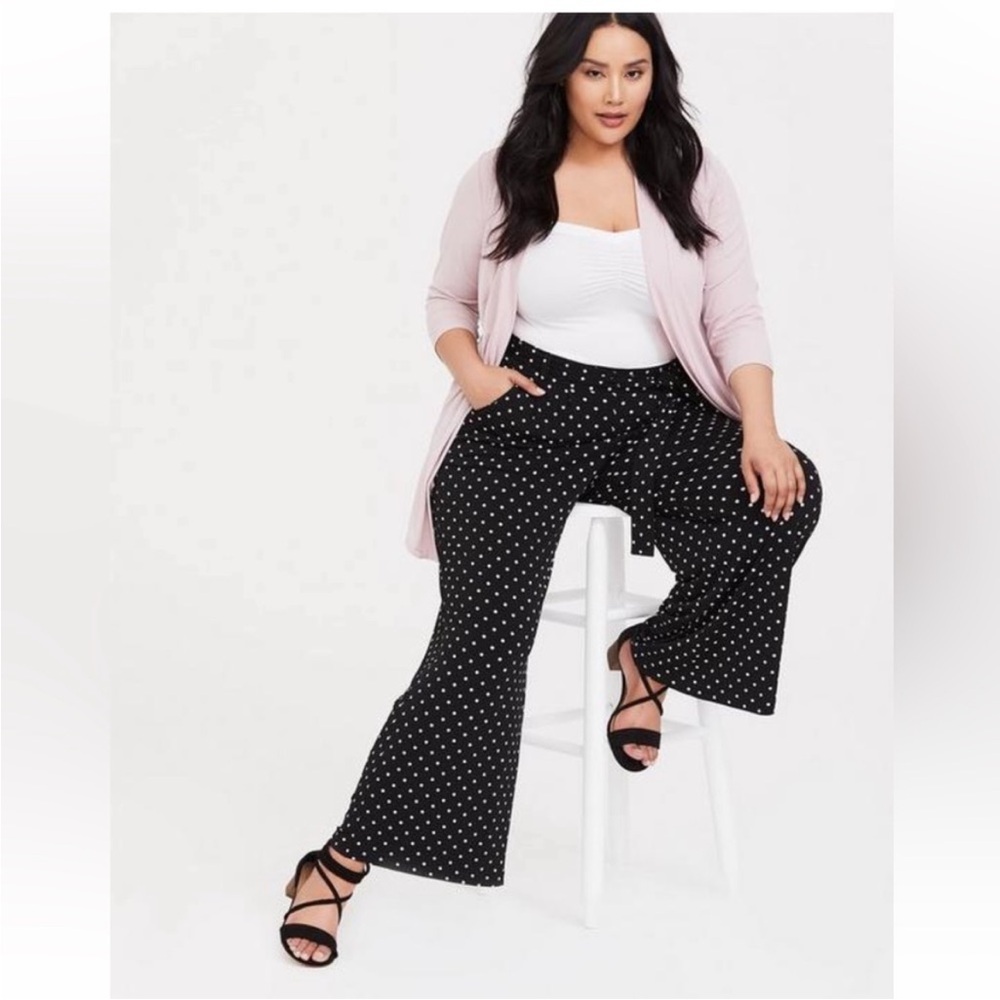 Torrid Studio Knit Black Tie Front Wide Leg Polka Dot Pants